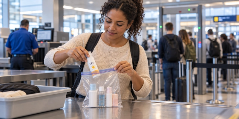 Traveller placing a spray sunscreen can into a clear quart-sized security bag at an airport checkpoint