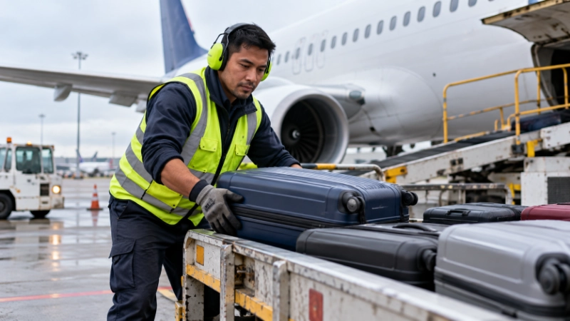 Airline baggage handler loading a checked suitcase onto a cart beside an aircraft