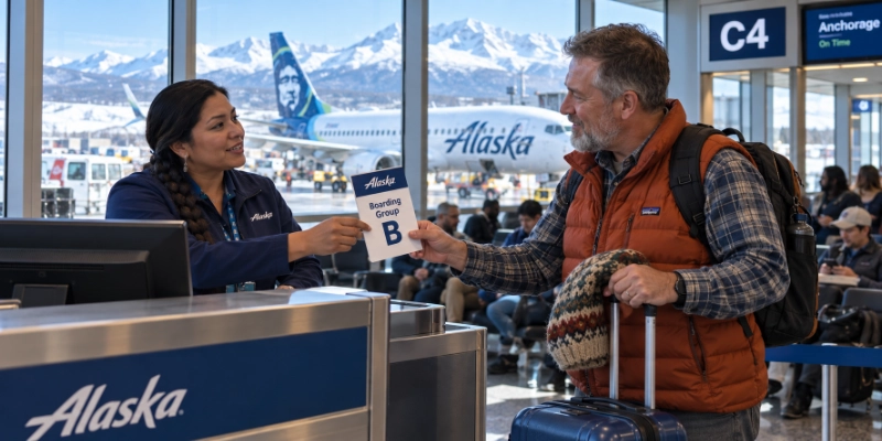 Alaska Airlines gate area at Anchorage airport with passengers lining up by boarding group and a traveler holding a roller bag