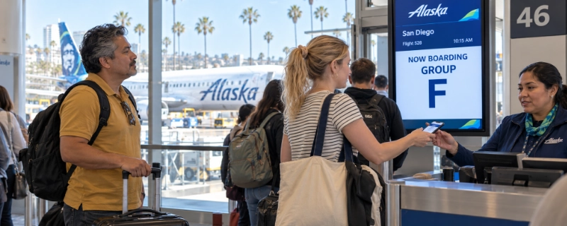 Passengers at the Alaska Airlines gate in San Diego beside a boarding sign reading Group F