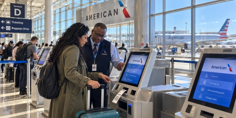 Woman printing a bag tag at an American Airlines kiosk in DFW Terminal D while an agent watches the screen, with an American 777 outside the glass wall