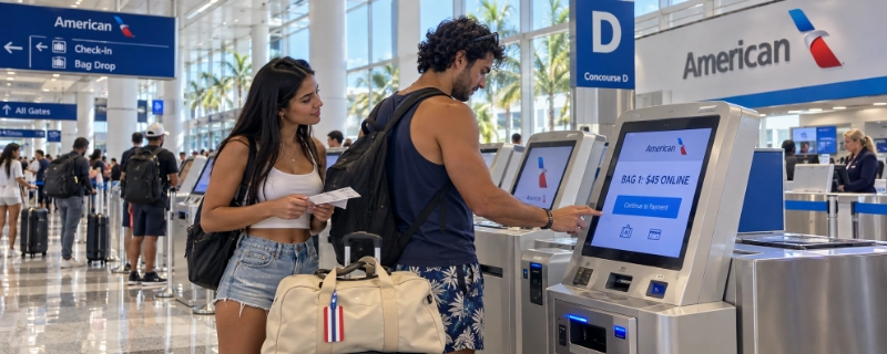 Young couple paying for a first checked bag for $45 online at an American Airlines kiosk in the Miami North Terminal