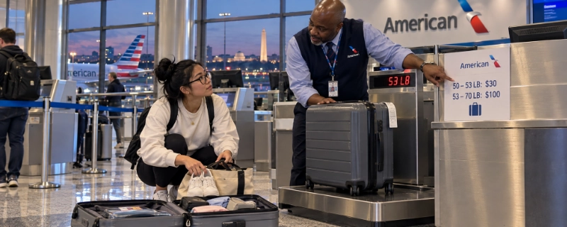 Student kneeling at the American Airlines counter at Reagan National moving sneakers out of a suitcase that weighs 53 lb, while an agent points to the overweight fee sign