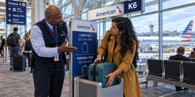 American Airlines agent at Chicago OHare Terminal 3 watching a traveler slide a roller bag into the metal sizer frame beside the eagle logo sign