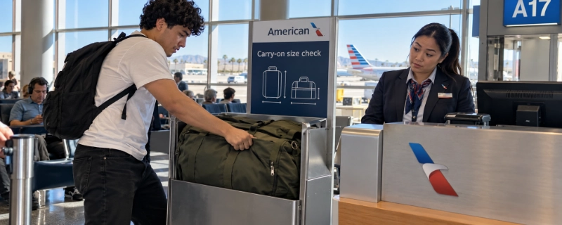Young man at Phoenix Sky Harbor pressing a stuffed duffel into the American Airlines bag sizer while an agent watches