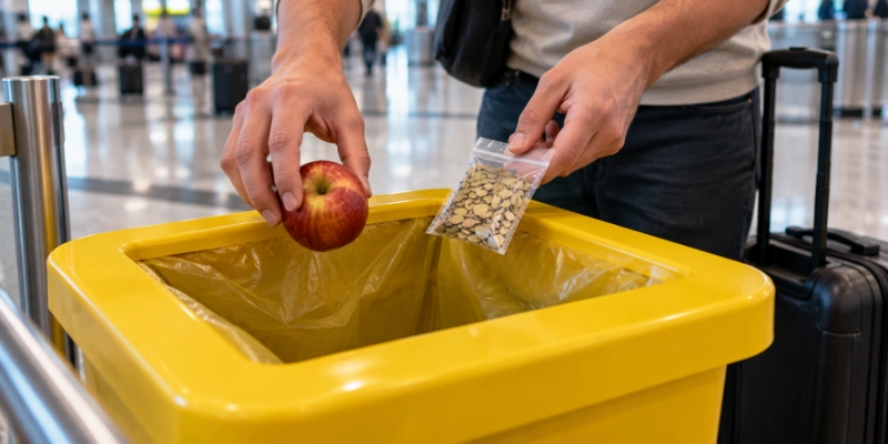 Traveller placing an apple and a packet of seeds into a yellow biosecurity bin at Australian airport arrivals