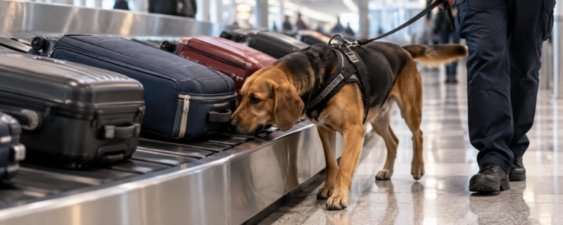 Biosecurity detector dog sniffing a line of checked suitcases on an airport baggage carousel