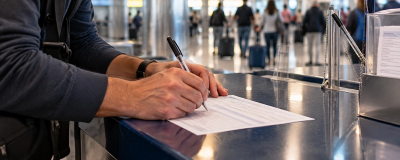 Traveller filling out an incoming passenger declaration card at an airport arrivals hall