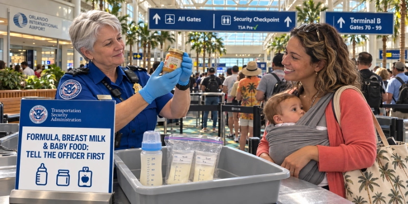 TSA officer at an Orlando International Airport checkpoint holding a clear baby bottle up to the light while a mother with an infant in a carrier waits beside a bin holding a glass baby-food jar, a bottle and breast milk bags