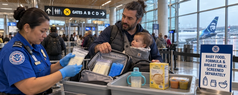 Father at a Seattle-Tacoma checkpoint lifting a cooler bag of frozen breast milk, a sippy cup and a box of baby cereal out of a backpack into a separate grey bin beside a sign about screening baby food separately