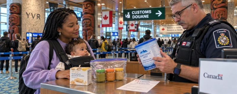 Mother with an infant at a Vancouver airport customs booth handing a sealed tub of infant formula and jars of baby food to an officer in the international arrivals hall, with carved cedar welcome figures and a green bilingual customs sign behind