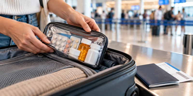 Hands packing a medication pouch into a suitcase at an airport check-in counter