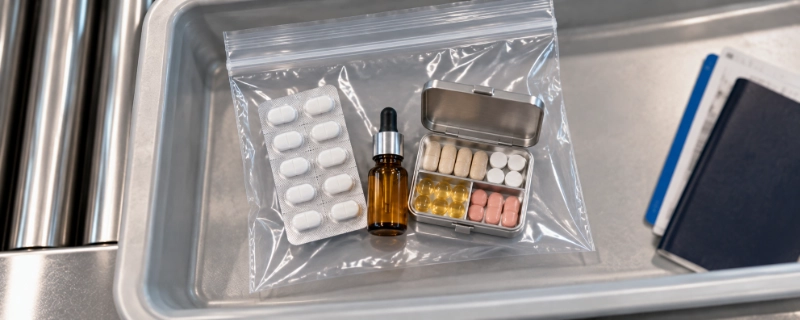 Overhead view of a security screening tray holding a medication blister pack, a dropper vial, and a metal pillbox