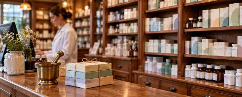 European-style apothecary pharmacy counter with pastel-coloured medicine packaging on wooden shelves
