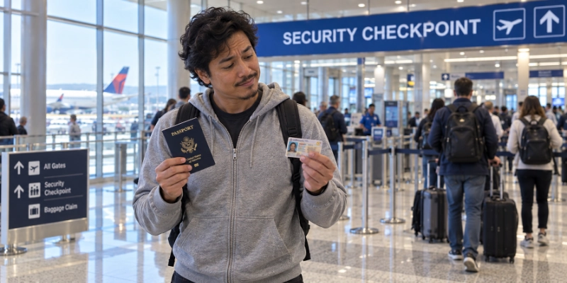 Man in an airport departures hall holding a standard driver license in one hand and a U.S. passport in the other, looking at the two with a puzzled smile, with a security checkpoint queue behind him