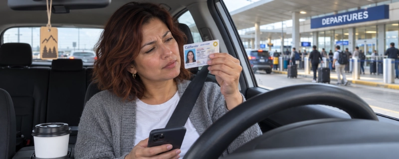 Woman sitting in a parked car at an airport departures curb holding a driver license close to her face to look for the star in its top corner