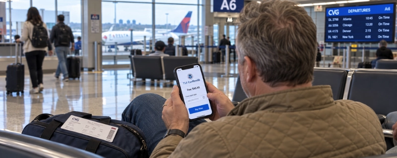 View over a traveler’s shoulder at a smartphone showing a payment page while he sits on a bench in the Cincinnati airport terminal