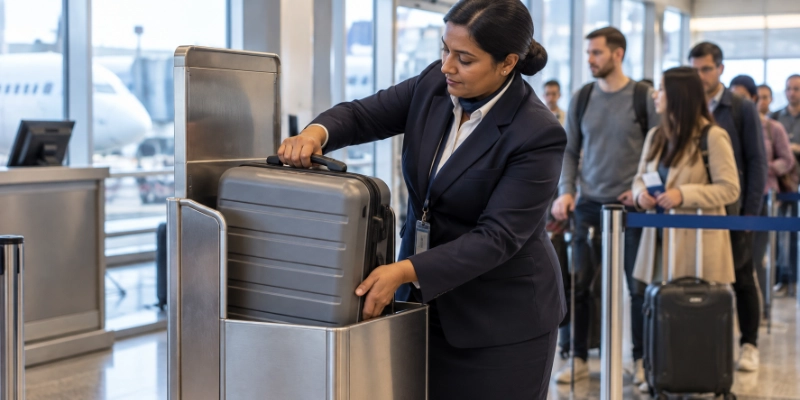 Gate agent measuring a rolling carry-on bag inside an airport sizer frame