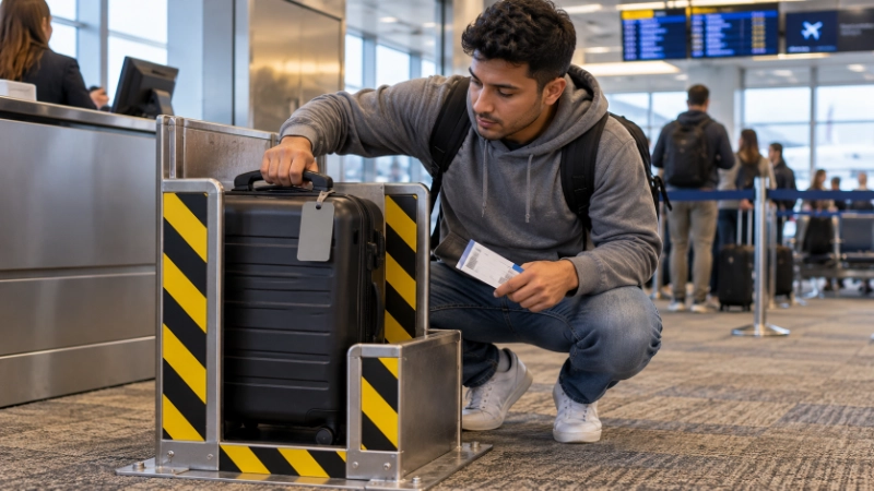 Traveller with a visible face lifting a rolling suitcase into a metal carry-on sizer frame at a US airport gate
