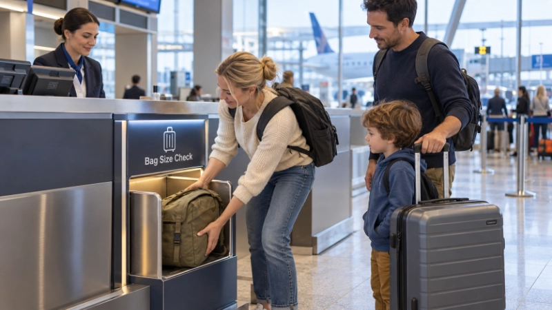 Family at a European airport check-in counter placing a backpack into an under-seat baggage size checker