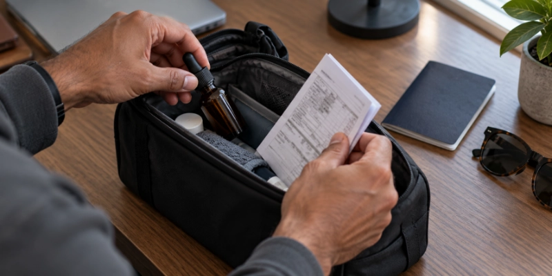 Hands placing a CBD oil dropper bottle and a printed lab certificate into a toiletry bag