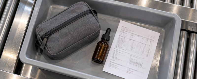 CBD tincture bottle and a printed lab certificate of analysis sitting in an airport security screening tray