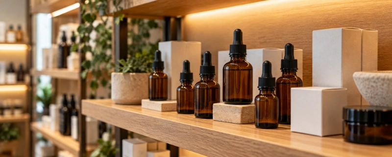 Shelf display of CBD oil bottles and packaged products in a European wellness pharmacy