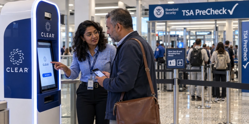 CLEAR ambassador in a blue-and-white gingham shirt helping a traveler at a CLEAR pod at the Indianapolis airport checkpoint while a separate TSA PreCheck lane with a blue sign runs beside it