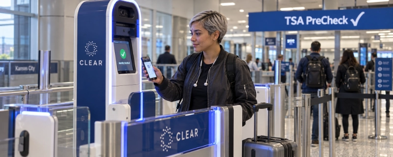 Woman at a CLEAR eGate at the Kansas City airport looking at its camera for face verification after scanning her phone boarding pass, with a blue TSA PreCheck sign over a lane behind her