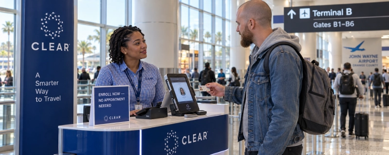 Man showing his driver license to a CLEAR ambassador at a CLEAR enrollment pod in Terminal B at John Wayne airport in Orange County, with a stand-up sign about enrolling without an appointment