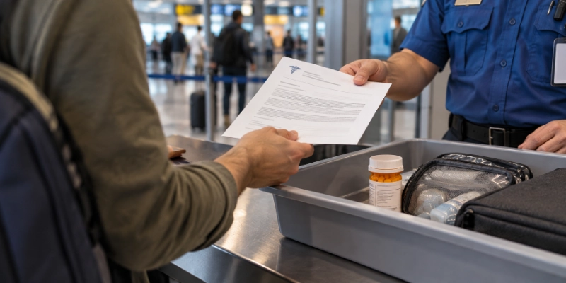 Labelled prescription pill bottles and a printed doctor's letter packed beside a passport