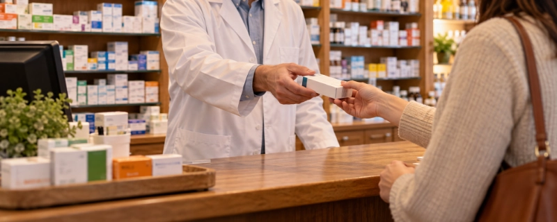Customs officer reviewing a printed doctor's letter alongside a labelled prescription pill bottle at an inspection desk