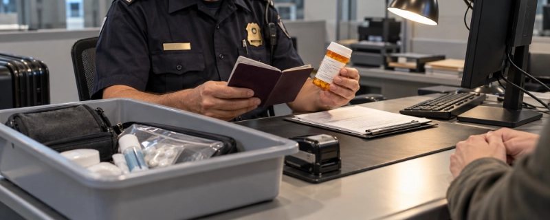 Bottle of melatonin tablets with a plain pharmacy-style label placed beside a passport on a pharmacy counter