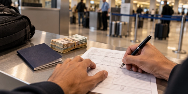 Traveller filling out a customs cash declaration form at an arrivals hall desk beside a passport and a banded stack of banknotes