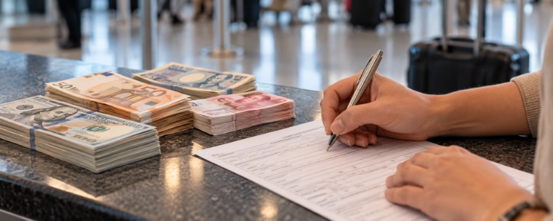 Close-up of a customs cash declaration form being filled out beside stacked banknotes in different currencies at a check-in counter