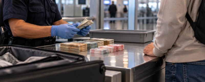 Customs officer counting a stack of banknotes at a secondary inspection counter while a traveller looks on