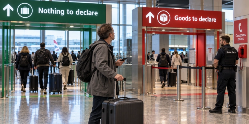 Traveller pausing between the green nothing-to-declare and red goods-to-declare channels at a UK airport