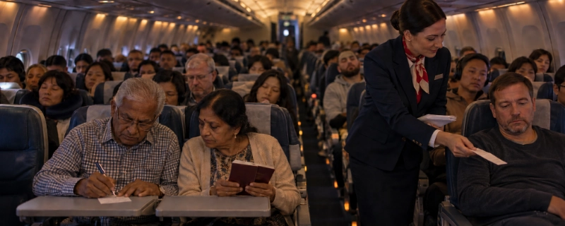 Flight attendant handing out arrival cards to passengers on a night flight
