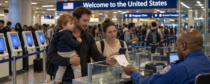 Family showing a customs kiosk receipt to a border officer at a US airport