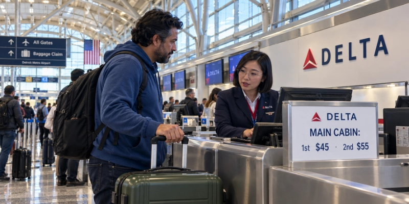 Delta agent at the Detroit McNamara Terminal counter talking to a traveler beside a green suitcase, under a high truss ceiling and a sign showing Main Cabin first bag $45 and second $55