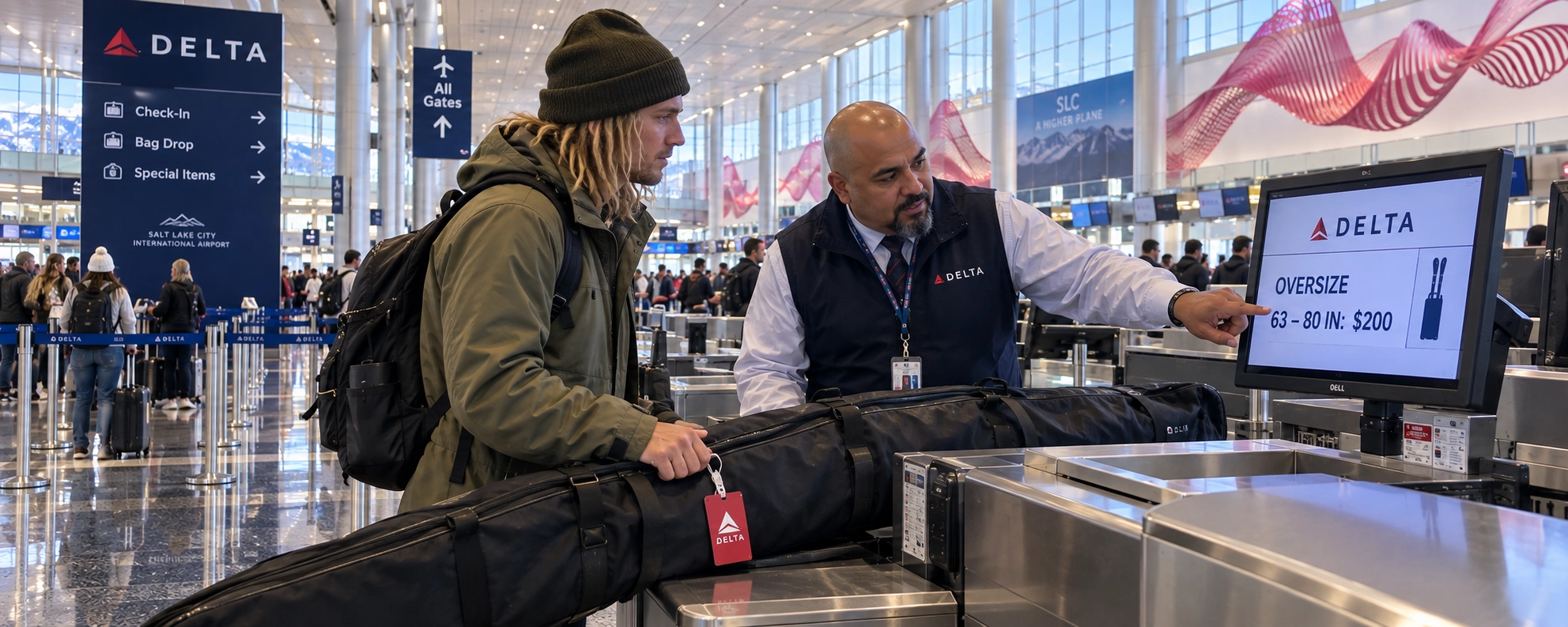 Snowboarder handing a ski bag to a Delta agent in the Salt Lake City check-in hall, with a screen showing the $200 oversize fee