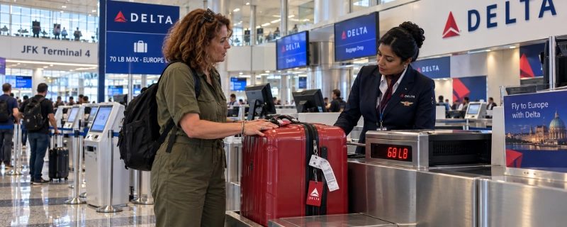 Woman weighing a red suitcase at 68 lb at the Delta counter in JFK Terminal 4 with a sign showing the 70 lb maximum for Europe