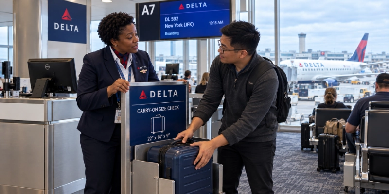 Delta gate agent at Boston Logan Terminal A holding a bag sizer frame for a traveler roller bag, with the Delta widget logo on the gate sign