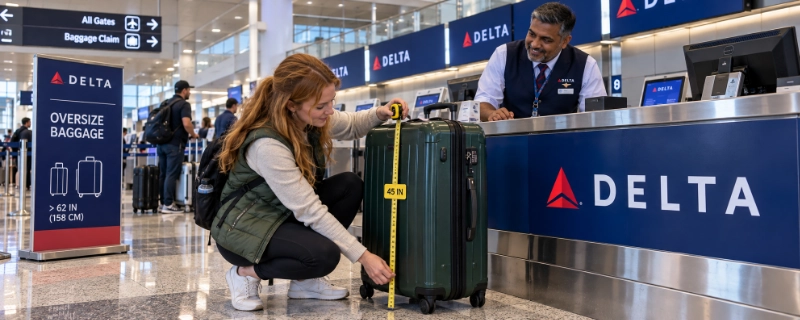 Woman at the Delta check-in area in Atlanta measuring a green roller bag with a tape measure while a Delta agent looks on