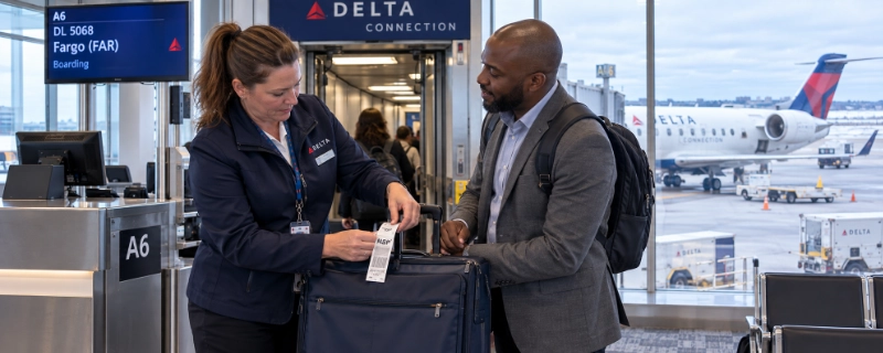 Delta agent at the Minneapolis gate tagging a roller bag at the jet bridge door of a small regional jet