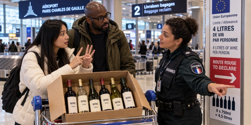 Couple with a six-bottle wine case on a trolley in the baggage hall of Paris Charles de Gaulle Airport while a customs officer points to the red channel