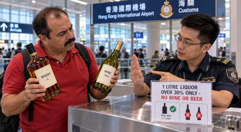 Traveller holding a whisky bottle and a wine bottle at a Hong Kong airport customs counter while an officer waves off the wine