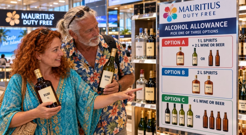Couple comparing three printed alcohol allowance options on a board in a duty-free shop in Mauritius