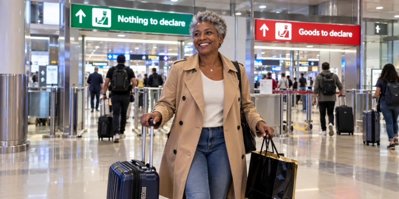 Traveller with a duty-free shopping bag walking past red and green customs channel signs in an airport arrivals hall