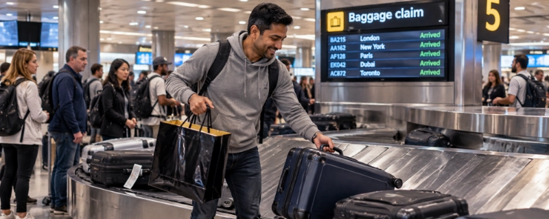 Traveller lifting a suitcase with a duty-free bag off the baggage carousel in an arrivals hall